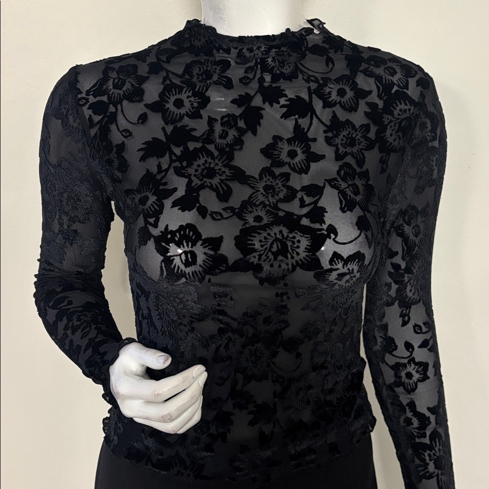 Intimately by Free People Black Mesh & Cut Velvet Floral Print Long Sleeve Top